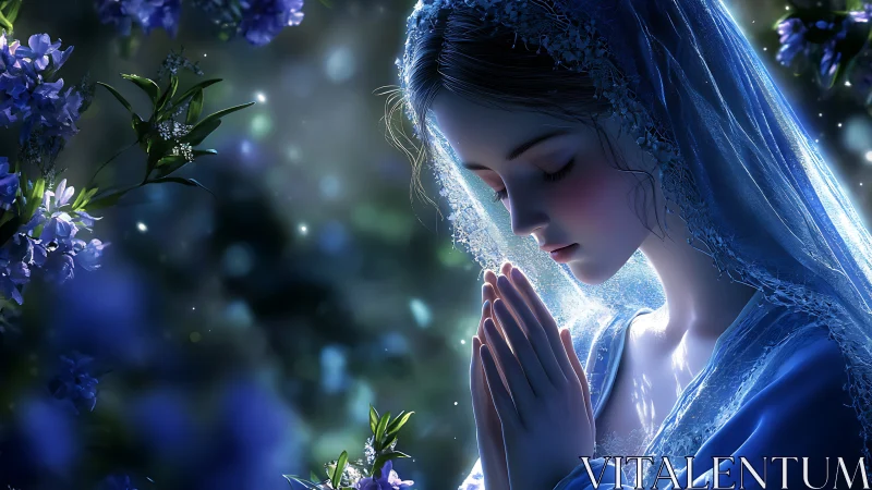 Luminous blue maiden in moonlit prayer among quiet blossoms.