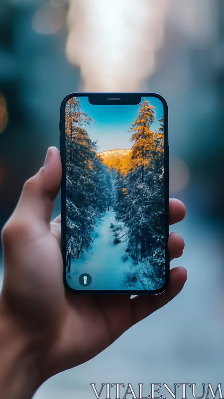 Smartphone displays snowy mountain landscape in hand.