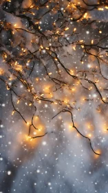 Golden winter lights glow softly through drifting snow