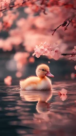 Golden duckling drifts beneath dreamy pink cherry blossoms
