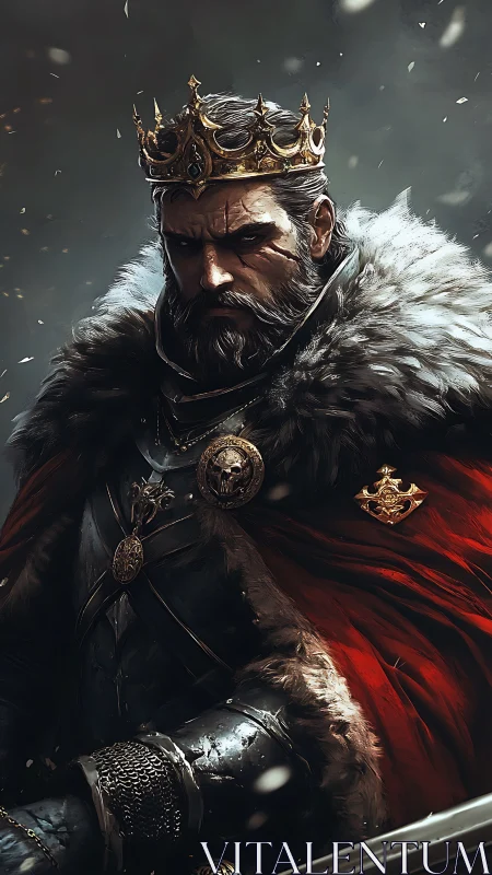 Brooding winter king wrapped in fur, steel, and crimson light.