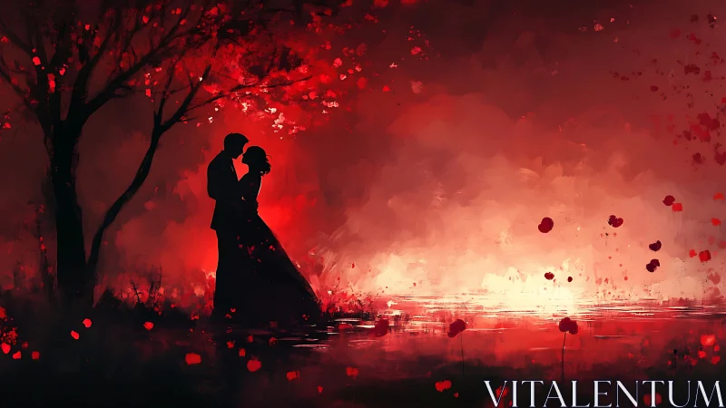 Silhouetted couple embraces beneath luminous crimson tree against fiery atmospheric gradient