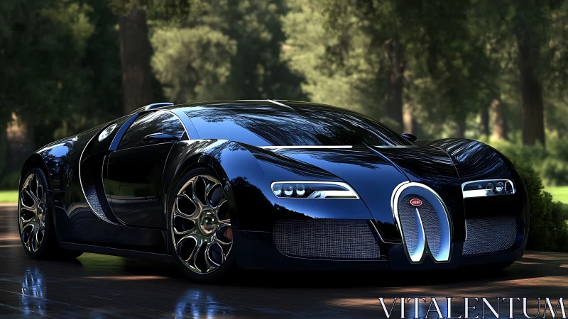 Midnight hypercar prowls a forest road in chrome-black armor.
