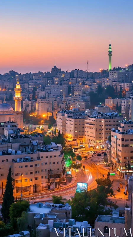 Twilight cityscape with minarets and curving arterial roads.
