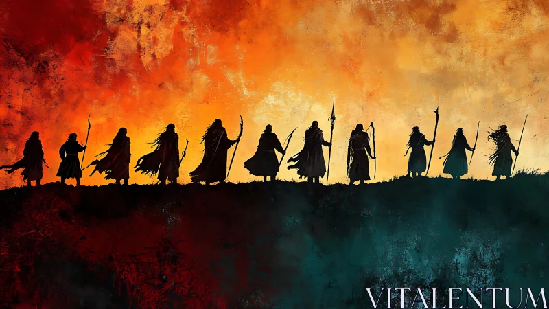 Warriors trek across a burning sky toward an uncertain fate