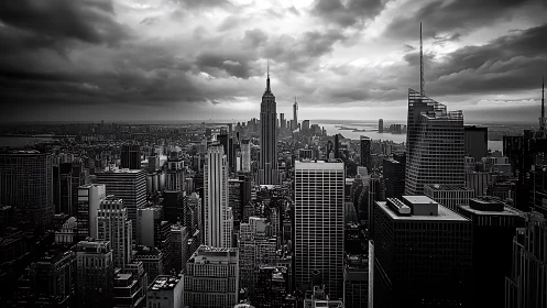 Monochrome stormlit metropolis skyline under dramatic clouds.