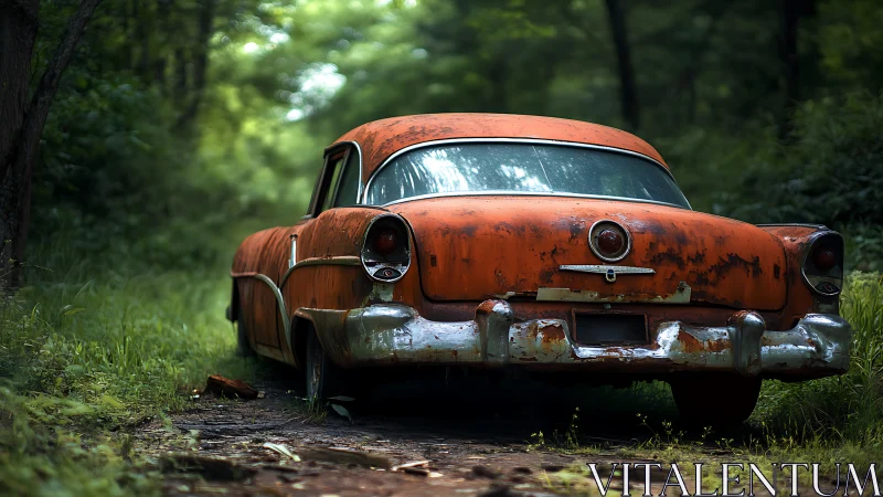 Rusty vintage car abandoned on overgrown forest path.