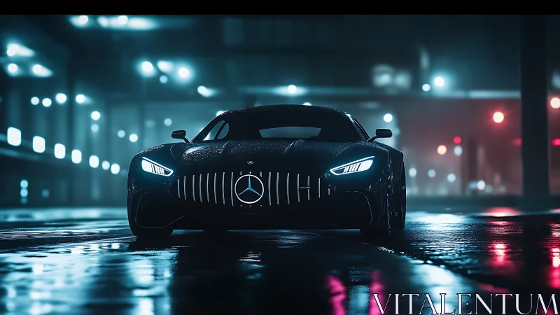 Midnight Mercedes prowls neon rain with razor grin.