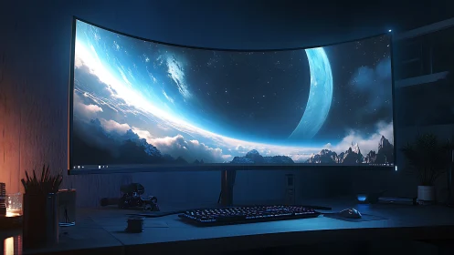 Curved ultrawide monitor with cosmic landscape wallpaper.