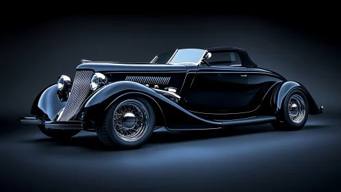 Streamlined black vintage roadster under dramatic studio lighting.