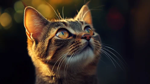 Tabby Cat Gazing Upward with Golden Hour Lighting.