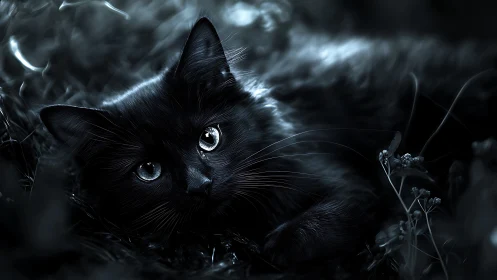 Black Cat with Luminous Eyes in Stormy Atmospheric Setting