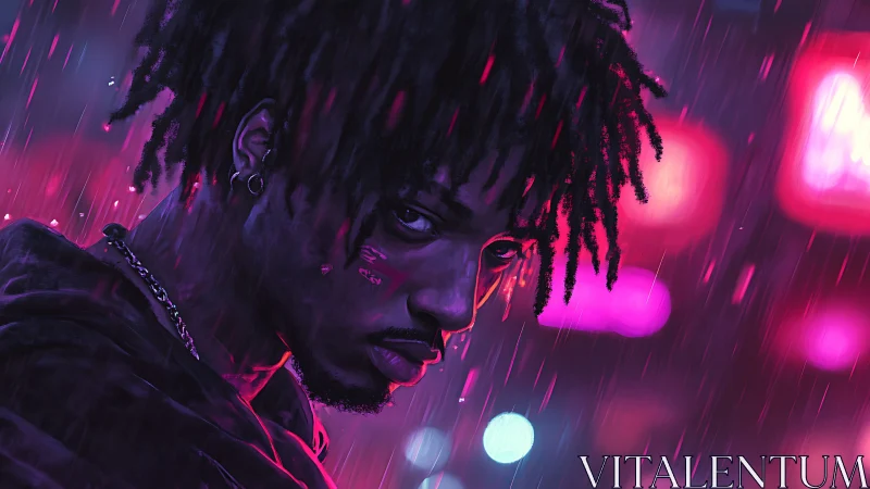Digital portrait depicts person in neon city rain at night