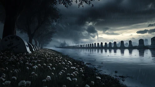 Stormlit riverside graveyard wrapped in quiet reflection.