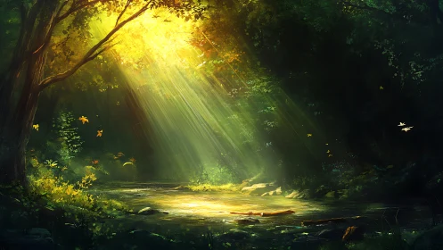 Sunspell glade where wandering light crowns the river hush.