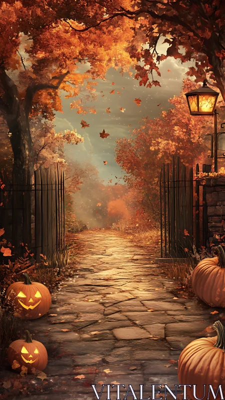 Autumn lantern path with jack o lantern pumpkins at gate.