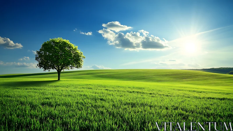 Solitary tree on luminous green hillside under clear sky.