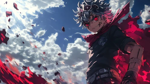 White haired anime boy with red eyes stands in red energy field