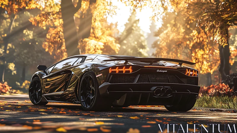 Golden autumn road embraces a sleek black supercar at rest