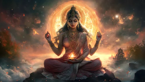 Divine female deity meditating before radiant celestial halo disk