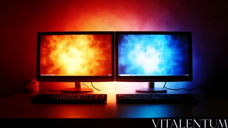Dual LCD workstations with thermal contrast desktop fields.