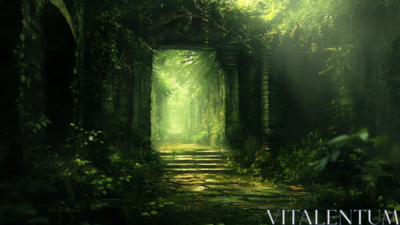 Sunlit stone corridor in overgrown jungle ruin. Period.