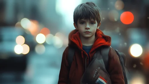 Young boy in red jacket stands alone on a blurred city street.