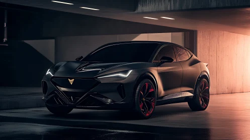 Matte black futuristic crossover parked in concrete garage.
