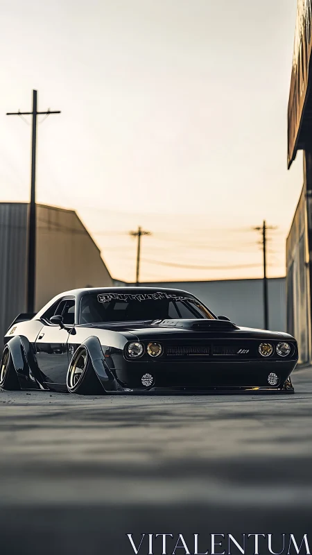 Low-slung muscle machine prowls a sun-bleached industrial street.