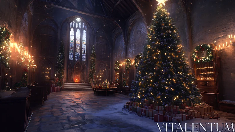 Cathedral of candlelit firs quietly rehearses winter magic