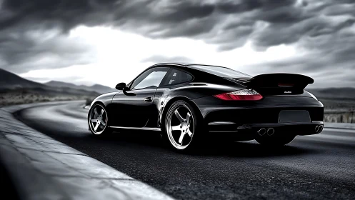 Stormy highway welcomes a sleek black sports car in motion