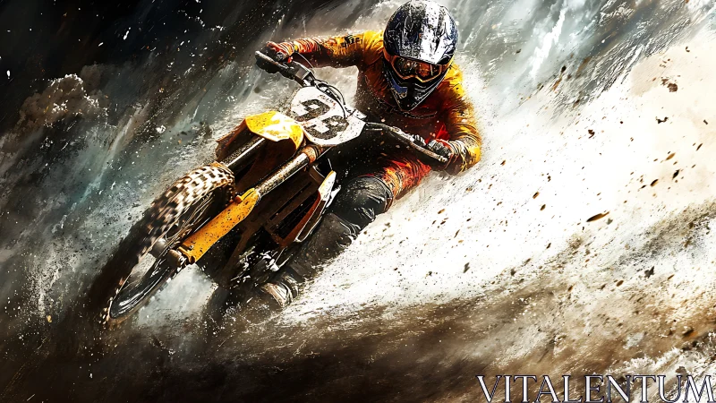 Dynamic motocross cornering with aggressive roost and motion blur