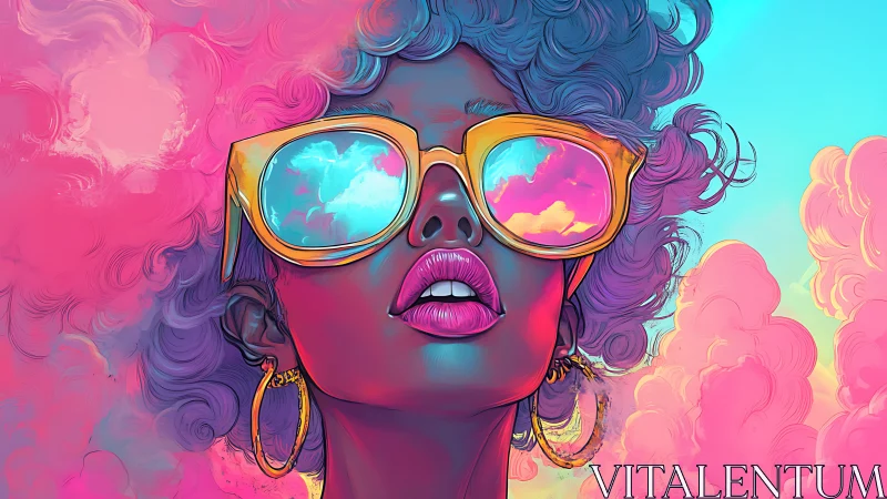 Neon vaporwave portrait with reflective sunglasses and clouds.