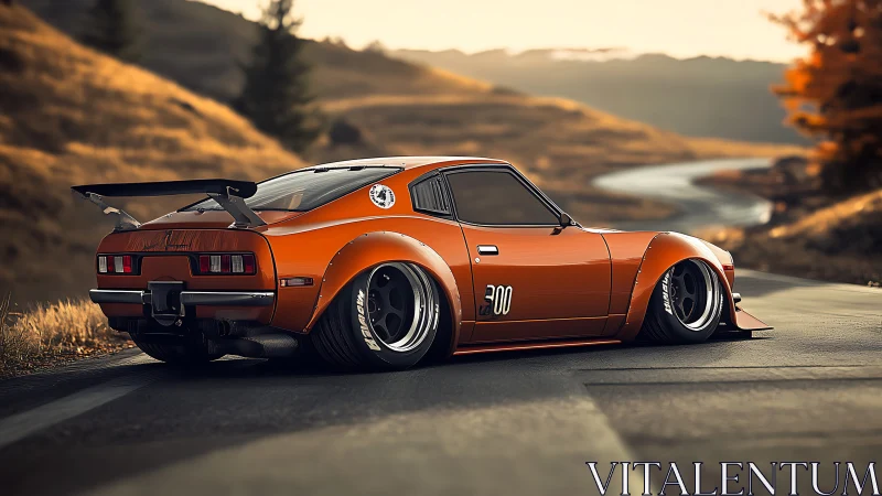 Sunlit orange classic race car relaxes on a winding road