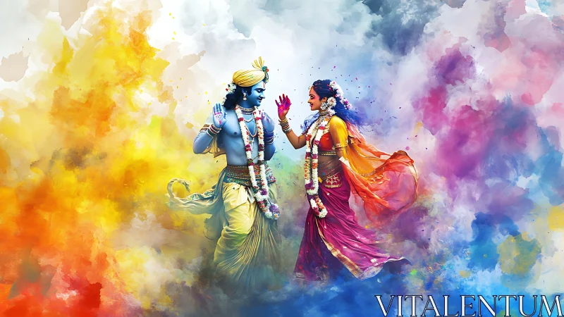 Joyful divine dance in swirling clouds of festival color.