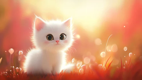 White Kitten in Golden Wildflower Field.