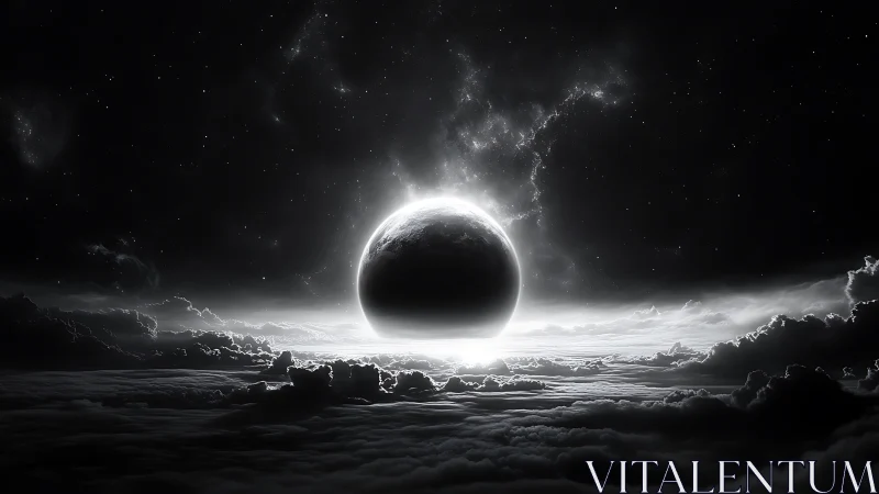 Luminous eclipse over stratified cloud deck in monochrome cosmos.