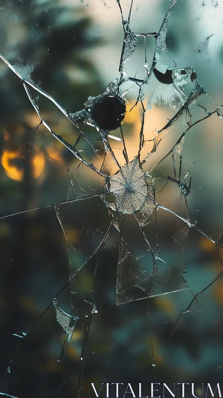 Shattered glass pane with radial cracks and soft bokeh background.