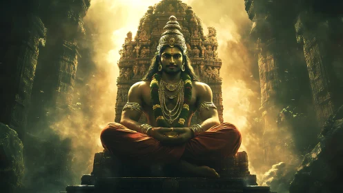 Divine warrior yogi in luminous Dravidian stone temple sanctum