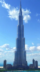 Glass-clad supertall skyscraper under clear blue sky.