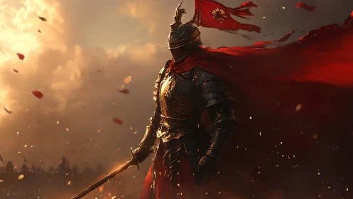 Armored warrior with red banner in dusk battlefield scene.