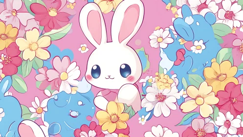 Pastel bunny peeks from floral meadow in dreamy kawaii style