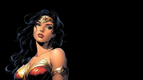 Wonder Woman comic-style portrait with bold colors and dramatic lighting.