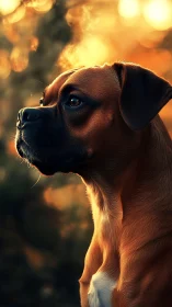 Boxer dog profile lit by strong golden backlight at sunset
