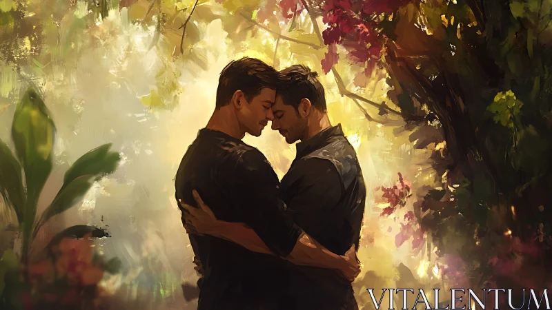 Intimate Embrace Beneath Luminous Foliage and Ethereal Golden Light