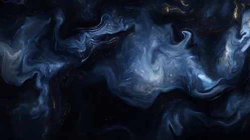 Cosmic nebula swirls in deep indigo with golden flecks.