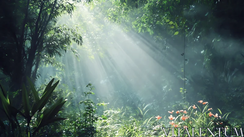 Backlit rainforest understory with volumetric light beams study.