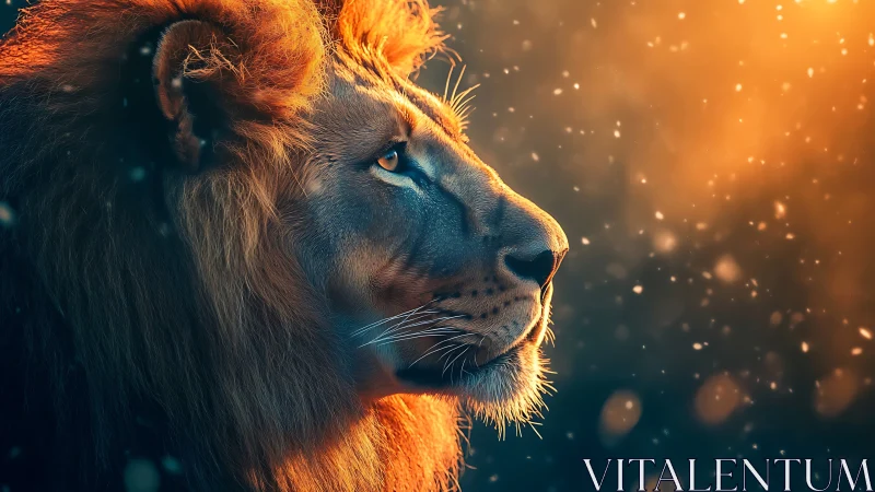 Majestic lion gazes into glowing dusk light with calm strength