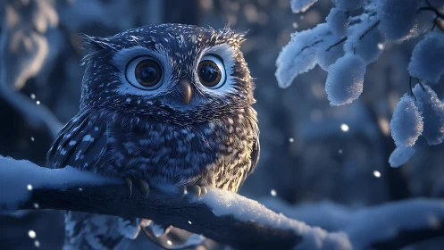 Adorable Big-Eyed Owl on Snowy Branch in Dreamy Winter Art.