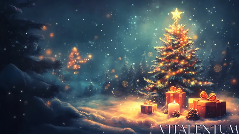 Starlit Christmas tree and glowing gifts in snowy forest night.